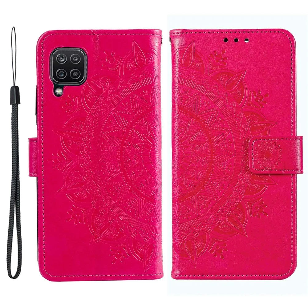For Samsung Galaxy M33 5G (Global Version) Mandala Flower Pattern Imprinted PU Leather Magnetic Flip Cover Wrist Strap Wallet Stand Feature Shockproof Protective Case - Rose - 1