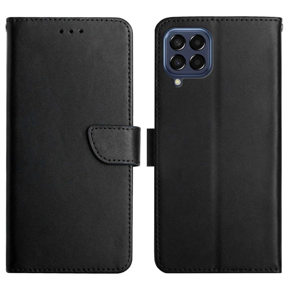 For Samsung Galaxy M33 5G Shockproof Magnetic Closing Genuine Leather Nappa Texture Wallet Stand Function Phone Case - Black - 1