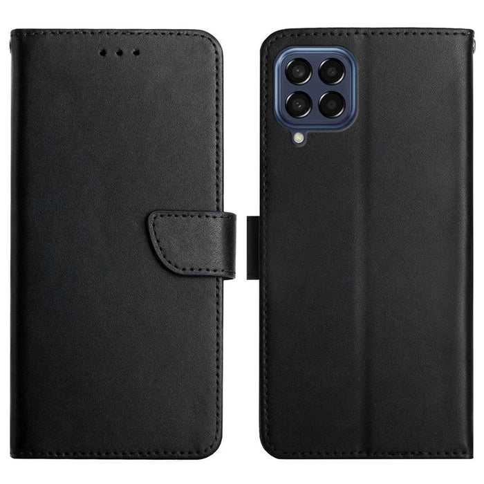 For Samsung Galaxy M33 5G Shockproof Magnetic Closing Genuine Leather Nappa Texture Wallet Stand Function Phone Case - Black - 1
