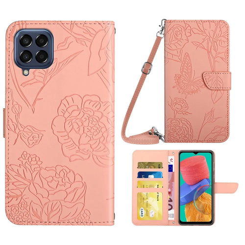 For Samsung Galaxy M33 5G (Global Version) Imprinting Butterfly Flowers Case PU Leather Wallet Stand Phone Cover with Shoulder Strap - Pink - 1