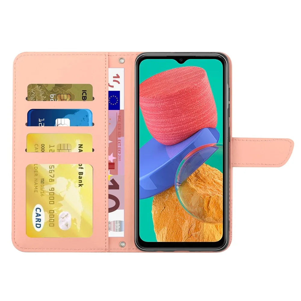 For Samsung Galaxy M33 5G (Global Version) Imprinting Butterfly Flowers Case PU Leather Wallet Stand Phone Cover with Shoulder Strap - Pink - 2