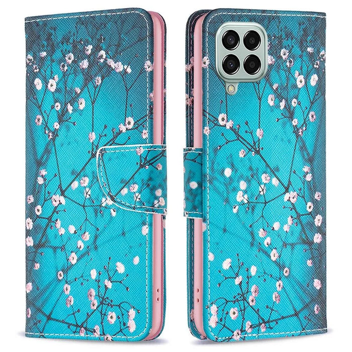 For Samsung Galaxy M33 5G (Global Version) Phone Case Pattern Printing PU Leather Wallet Stand Cover - Plum Blossom - 1