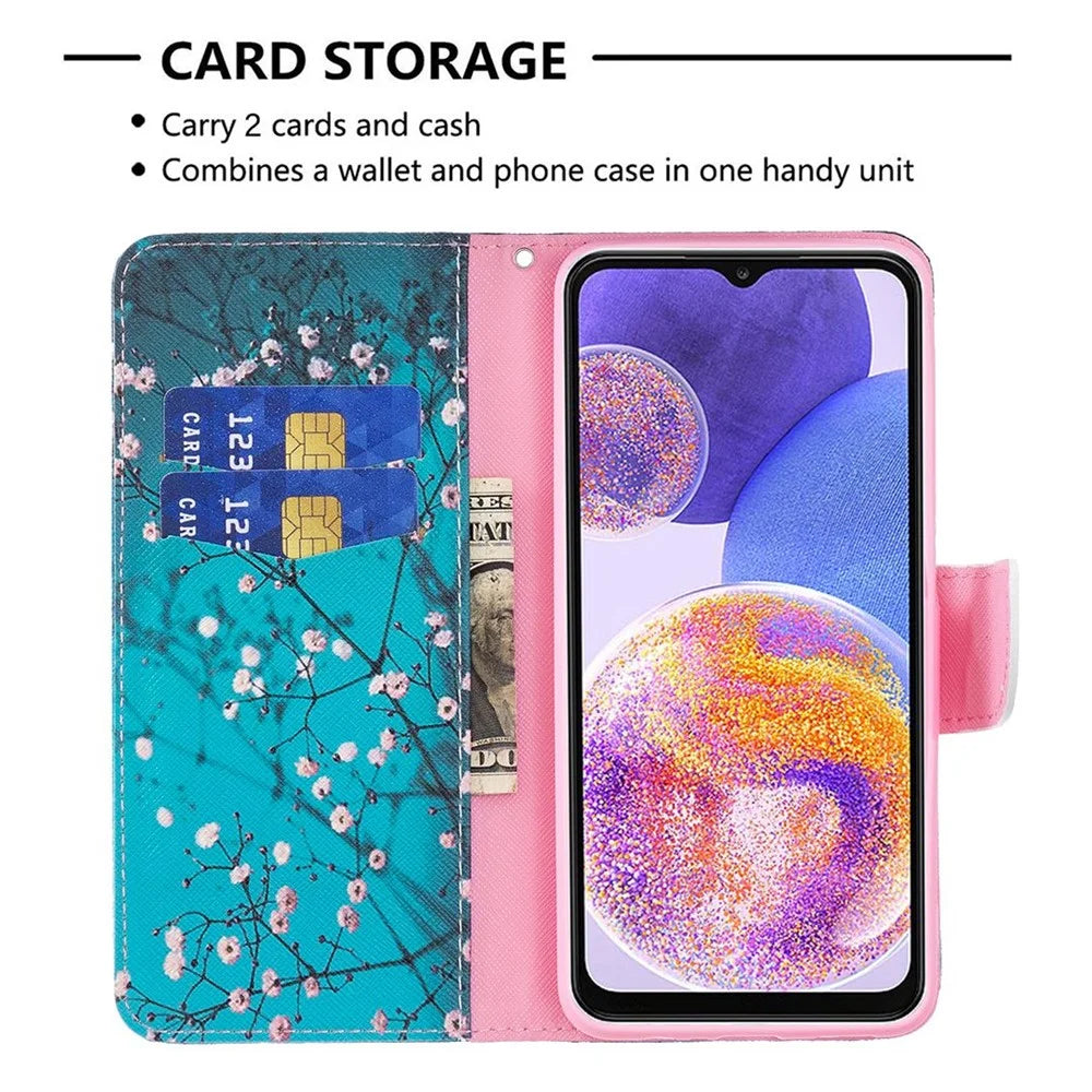 For Samsung Galaxy M23 / F23 5G Phone Case Pattern Printing PU Leather Wallet Stand Cover - Plum Blossom - 3