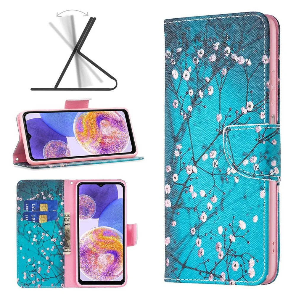 For Samsung Galaxy M23 / F23 5G Phone Case Pattern Printing PU Leather Wallet Stand Cover - Plum Blossom - 4
