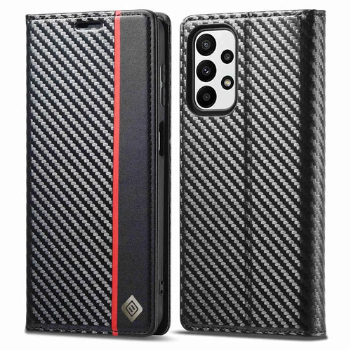 LC.IMEEKE for Samsung Galaxy A23 5G (Global Version) Wallet Style Carbon Fiber Texture Anti-scratch Anti-drop Leather Case Magnetic Auto-absorbed Stand Phone Shell - Vertical Stripe - 1