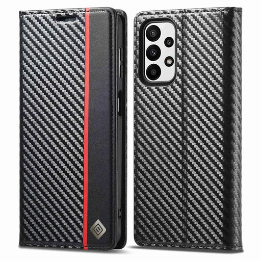 LC.IMEEKE for Samsung Galaxy A23 5G (Global Version) Wallet Style Carbon Fiber Texture Anti-scratch Anti-drop Leather Case Magnetic Auto-absorbed Stand Phone Shell - Vertical Stripe - 1