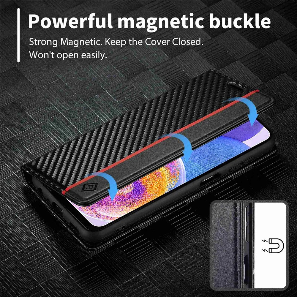 LC.IMEEKE for Samsung Galaxy A23 5G (Global Version) Wallet Style Carbon Fiber Texture Anti-scratch Anti-drop Leather Case Magnetic Auto-absorbed Stand Phone Shell - Vertical Stripe - 4