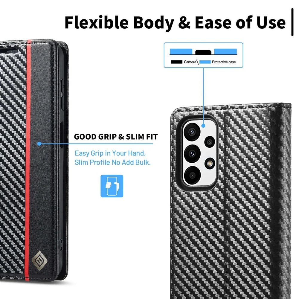 LC.IMEEKE for Samsung Galaxy A23 5G (Global Version) Wallet Style Carbon Fiber Texture Anti-scratch Anti-drop Leather Case Magnetic Auto-absorbed Stand Phone Shell - Vertical Stripe - 6