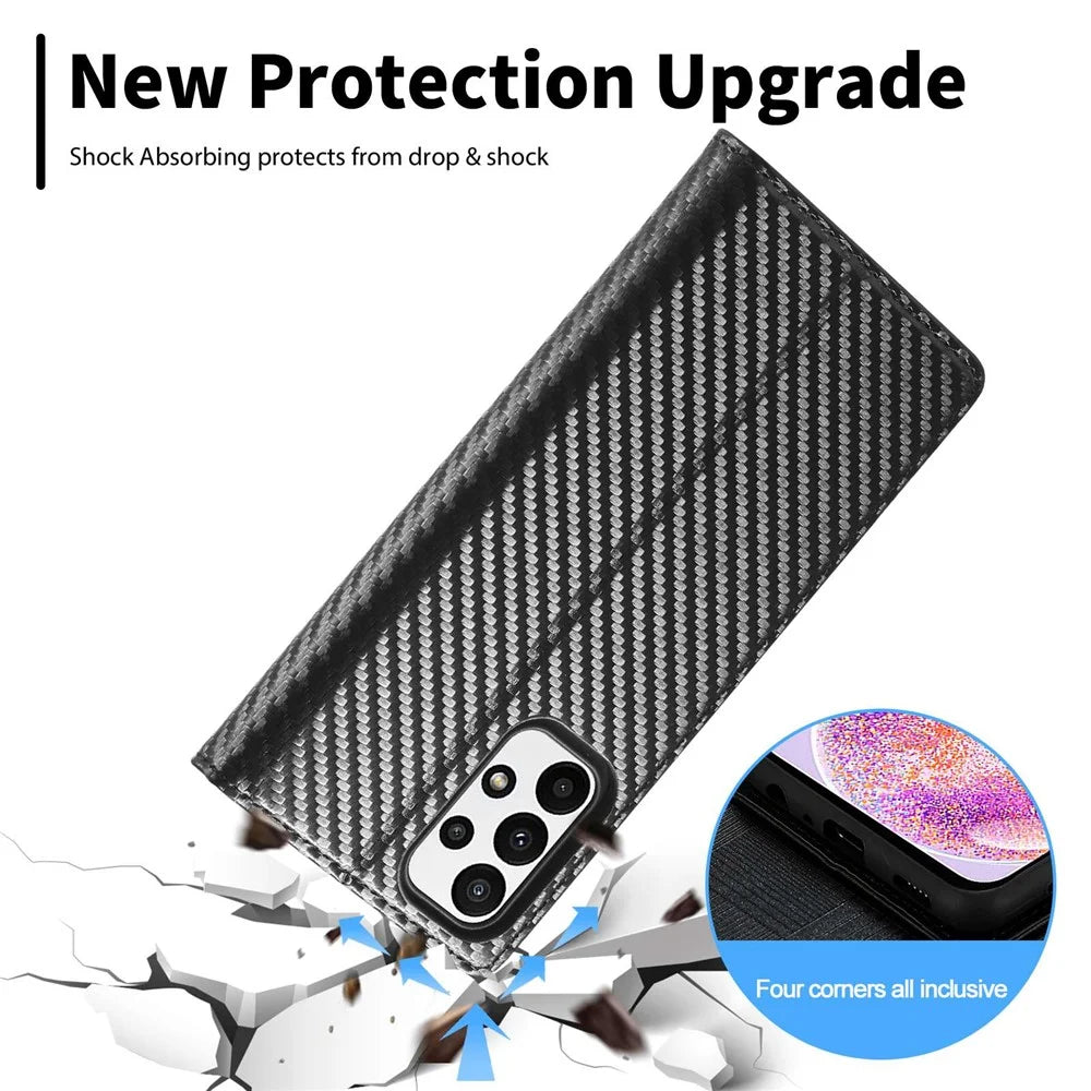 LC.IMEEKE for Samsung Galaxy A23 5G (Global Version) Wallet Style Carbon Fiber Texture Anti-scratch Anti-drop Leather Case Magnetic Auto-absorbed Stand Phone Shell - Vertical Stripe - 7