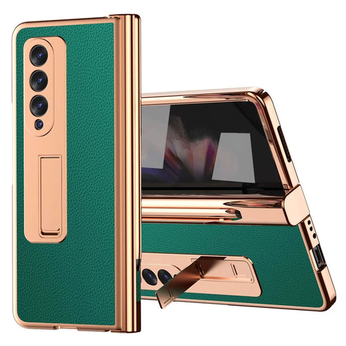 For Samsung Galaxy Z Fold3 5G Hinge Protection PU Leather + Hard PC Shell Full-Body Electroplating Kickstand Cover with Bulit-in Tempered Glass Screen Protector and S Pen - Green - 1