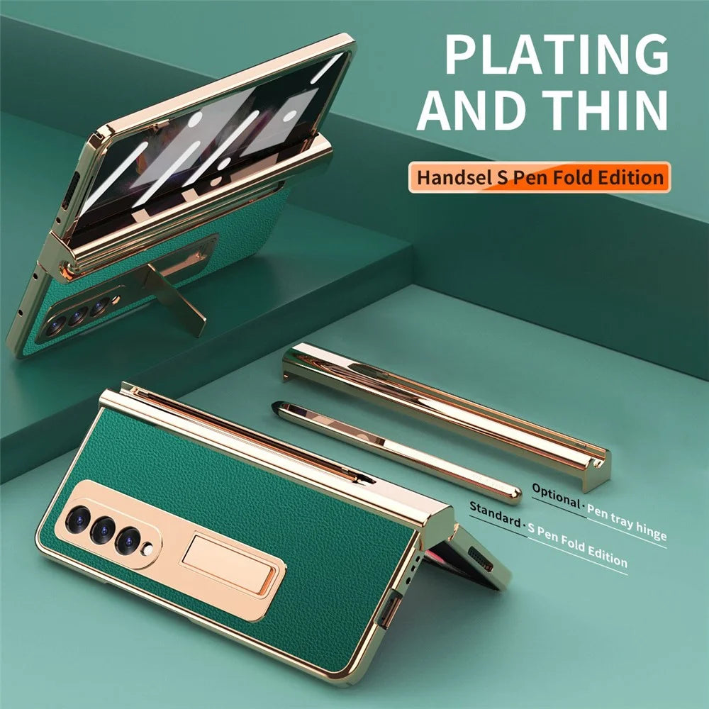For Samsung Galaxy Z Fold3 5G Hinge Protection PU Leather + Hard PC Shell Full-Body Electroplating Kickstand Cover with Bulit-in Tempered Glass Screen Protector and S Pen - Green - 2