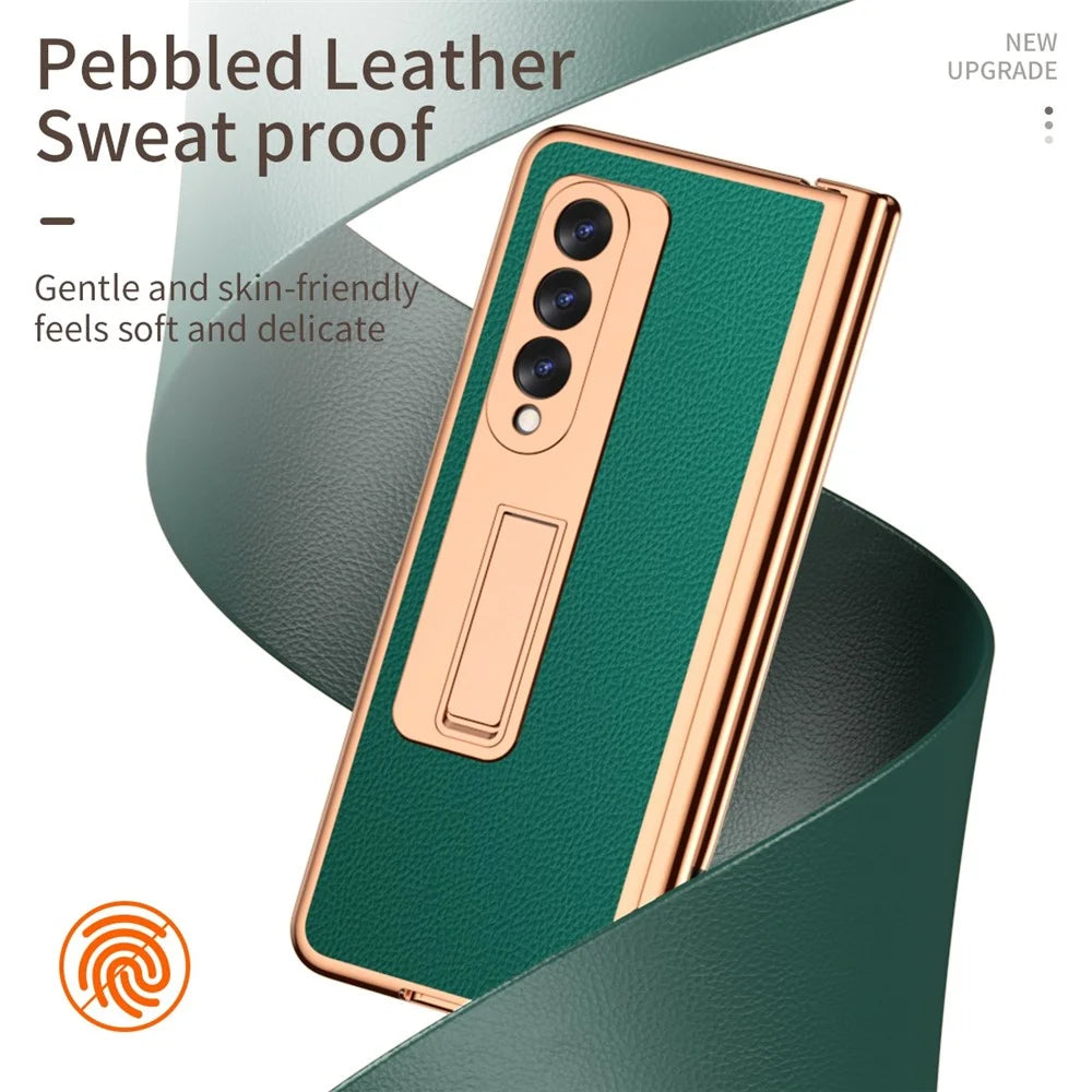 For Samsung Galaxy Z Fold3 5G Hinge Protection PU Leather + Hard PC Shell Full-Body Electroplating Kickstand Cover with Bulit-in Tempered Glass Screen Protector and S Pen - Green - 3