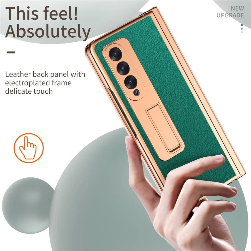 For Samsung Galaxy Z Fold3 5G Hinge Protection PU Leather + Hard PC Shell Full-Body Electroplating Kickstand Cover with Bulit-in Tempered Glass Screen Protector and S Pen - Green - 4