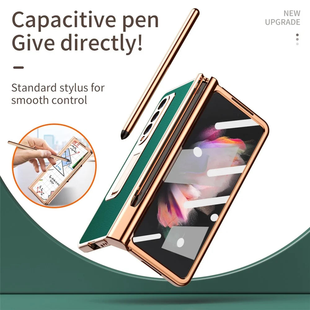 For Samsung Galaxy Z Fold3 5G Hinge Protection PU Leather + Hard PC Shell Full-Body Electroplating Kickstand Cover with Bulit-in Tempered Glass Screen Protector and S Pen - Green - 5