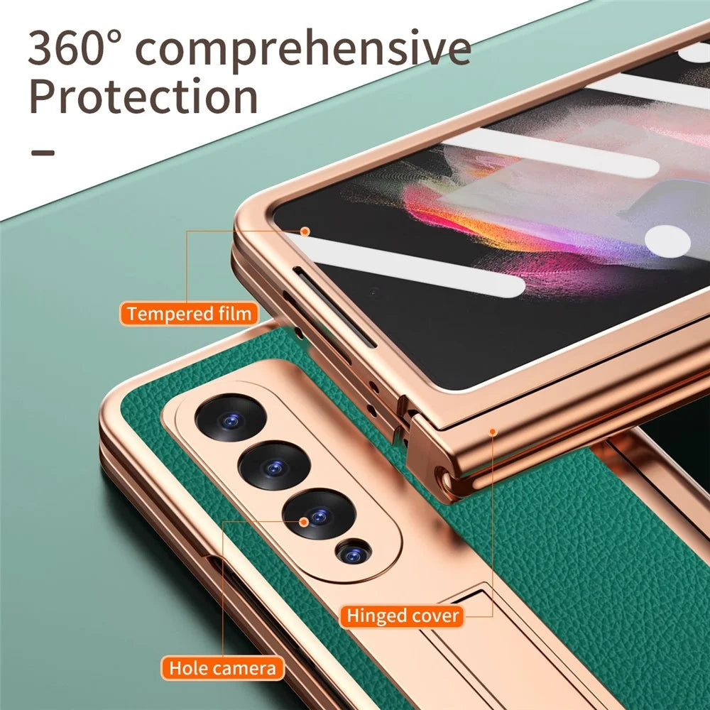 For Samsung Galaxy Z Fold3 5G Hinge Protection PU Leather + Hard PC Shell Full-Body Electroplating Kickstand Cover with Bulit-in Tempered Glass Screen Protector and S Pen - Green - 6