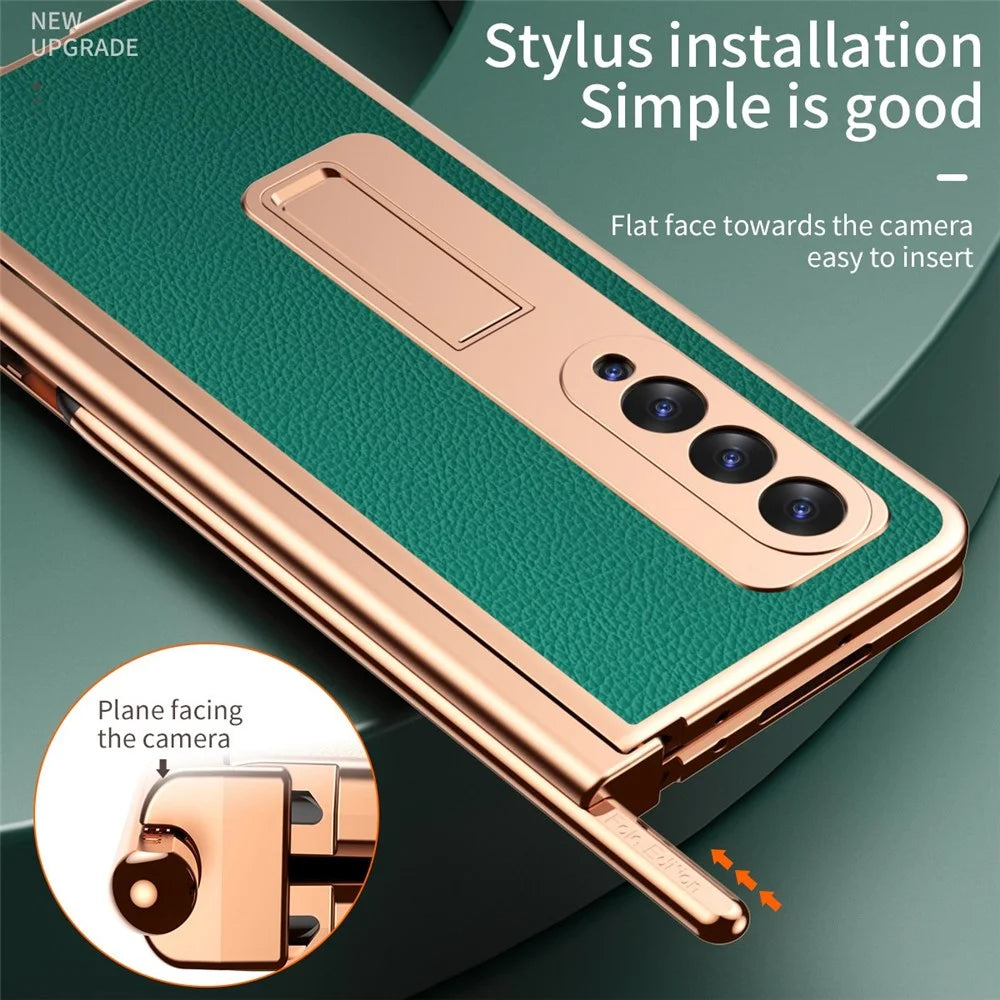 For Samsung Galaxy Z Fold3 5G Hinge Protection PU Leather + Hard PC Shell Full-Body Electroplating Kickstand Cover with Bulit-in Tempered Glass Screen Protector and S Pen - Green - 7