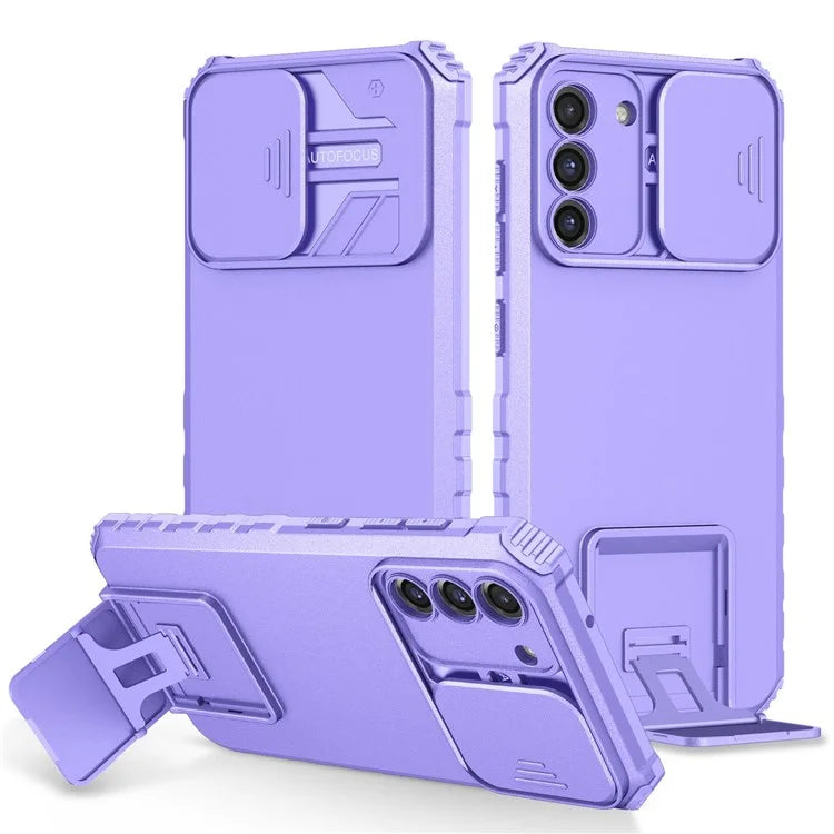 For Samsung Galaxy S22+ 5G Adjustable Vertical Kickstand Phone Case PC + TPU Hybrid Cover with Camera Slide Cover - Purple - 1