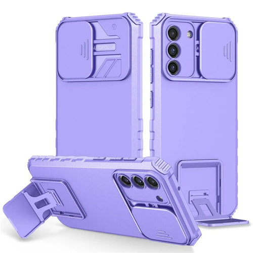 For Samsung Galaxy S22+ 5G Adjustable Vertical Kickstand Phone Case PC + TPU Hybrid Cover with Camera Slide Cover - Purple - 1