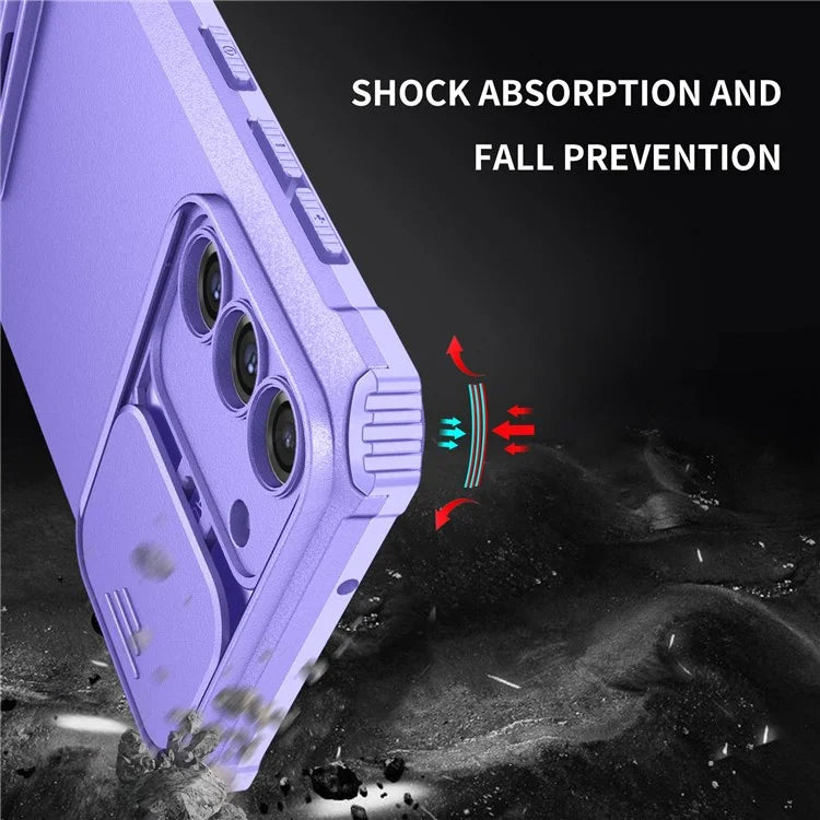 For Samsung Galaxy S22+ 5G Adjustable Vertical Kickstand Phone Case PC + TPU Hybrid Cover with Camera Slide Cover - Purple - 4