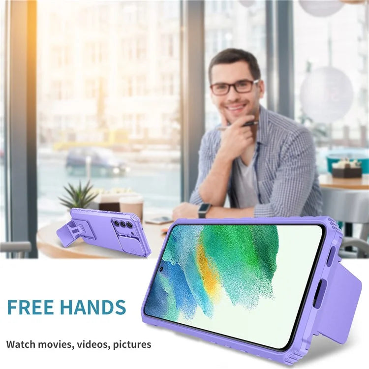 For Samsung Galaxy S22+ 5G Adjustable Vertical Kickstand Phone Case PC + TPU Hybrid Cover with Camera Slide Cover - Purple - 5