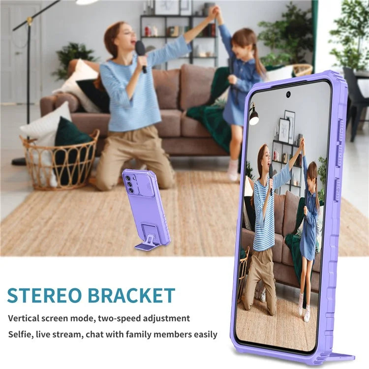For Samsung Galaxy S22+ 5G Adjustable Vertical Kickstand Phone Case PC + TPU Hybrid Cover with Camera Slide Cover - Purple - 6