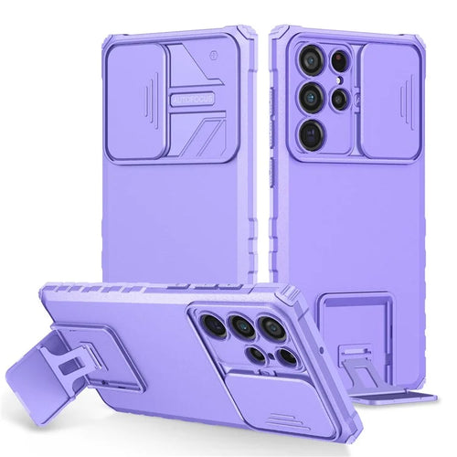 For Samsung Galaxy S22 Ultra 5G Adjustable Vertical Kickstand Phone Case Camera Slider Protection Hybrid PC + TPU Cover - Purple - 1