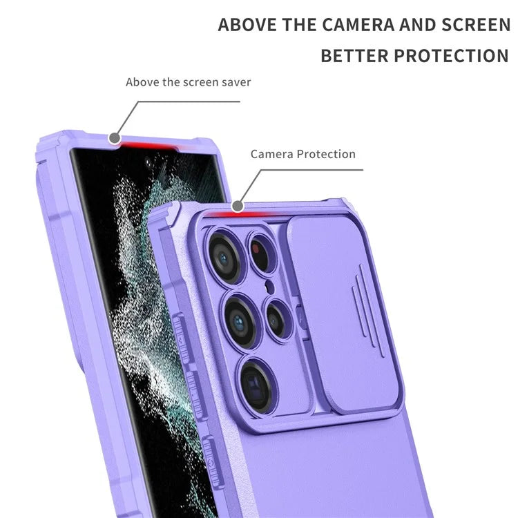 For Samsung Galaxy S22 Ultra 5G Adjustable Vertical Kickstand Phone Case Camera Slider Protection Hybrid PC + TPU Cover - Purple - 3