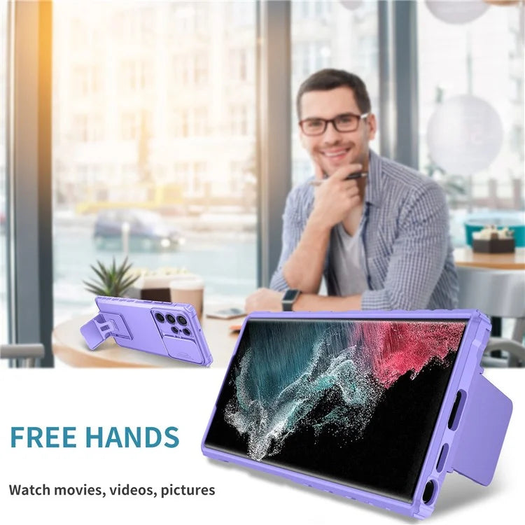 For Samsung Galaxy S22 Ultra 5G Adjustable Vertical Kickstand Phone Case Camera Slider Protection Hybrid PC + TPU Cover - Purple - 5