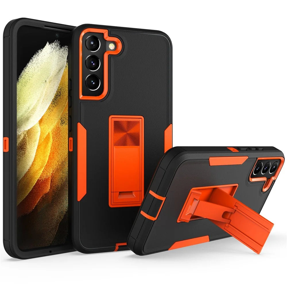 For Samsung Galaxy S22+ 5G Hard PC + Soft TPU Hybrid Phone Cover with Integrated Kickstand Car Mount Metal Sheet Case - Black/Orange - 1