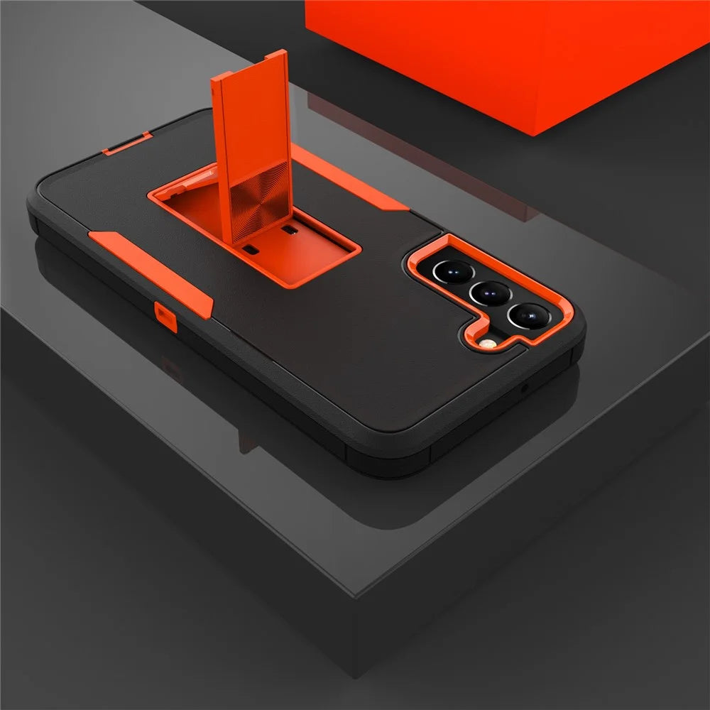 For Samsung Galaxy S22+ 5G Hard PC + Soft TPU Hybrid Phone Cover with Integrated Kickstand Car Mount Metal Sheet Case - Black/Orange - 2