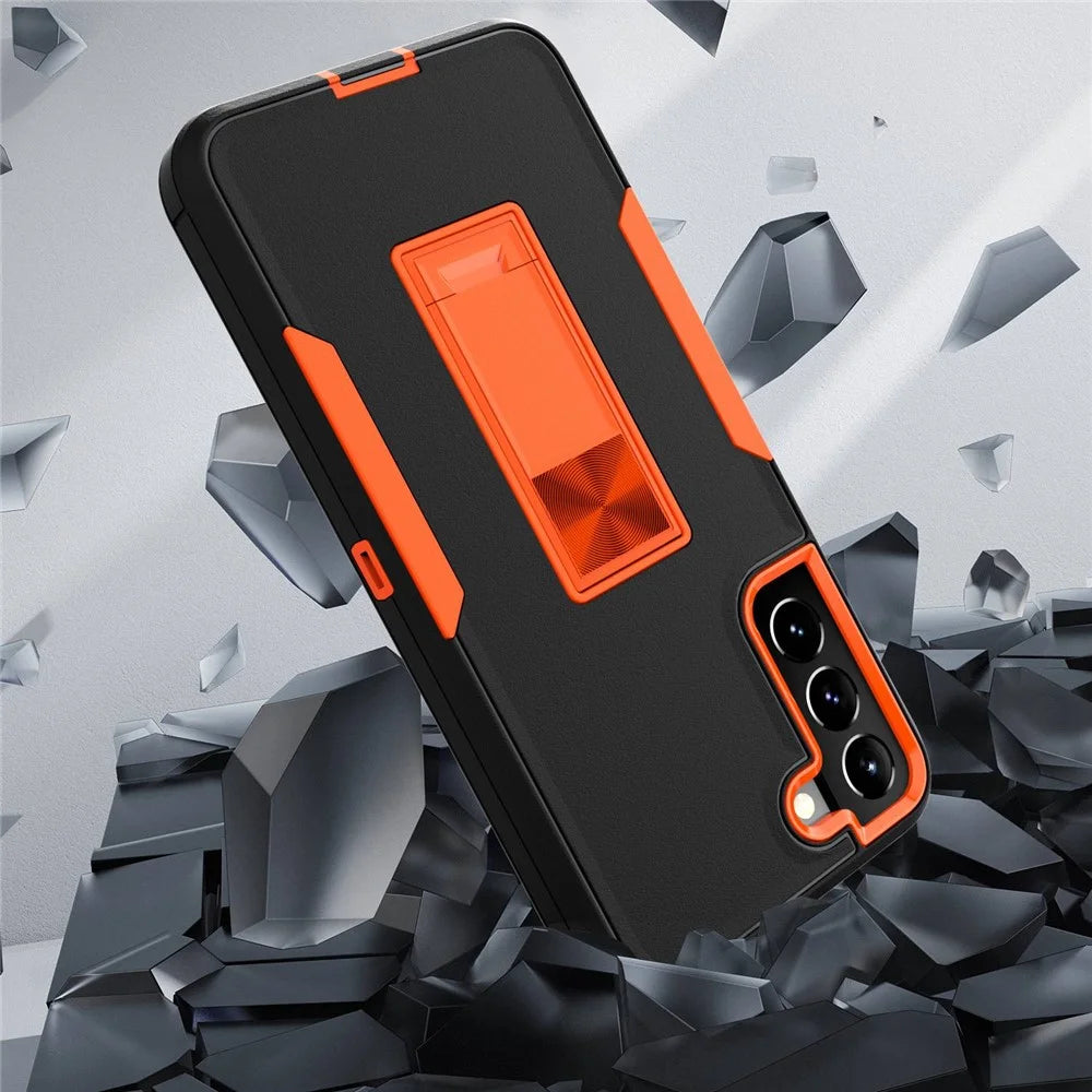 For Samsung Galaxy S22+ 5G Hard PC + Soft TPU Hybrid Phone Cover with Integrated Kickstand Car Mount Metal Sheet Case - Black/Orange - 3