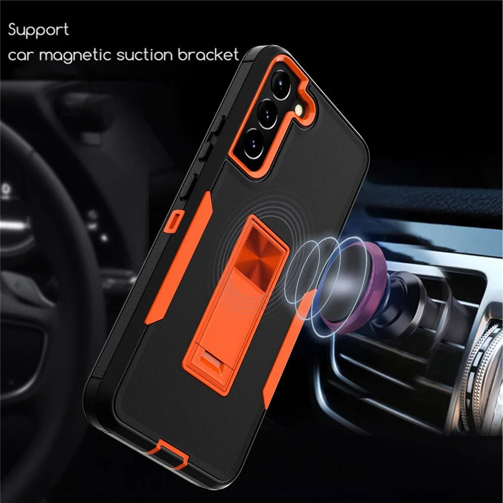 For Samsung Galaxy S22+ 5G Hard PC + Soft TPU Hybrid Phone Cover with Integrated Kickstand Car Mount Metal Sheet Case - Black/Orange - 4