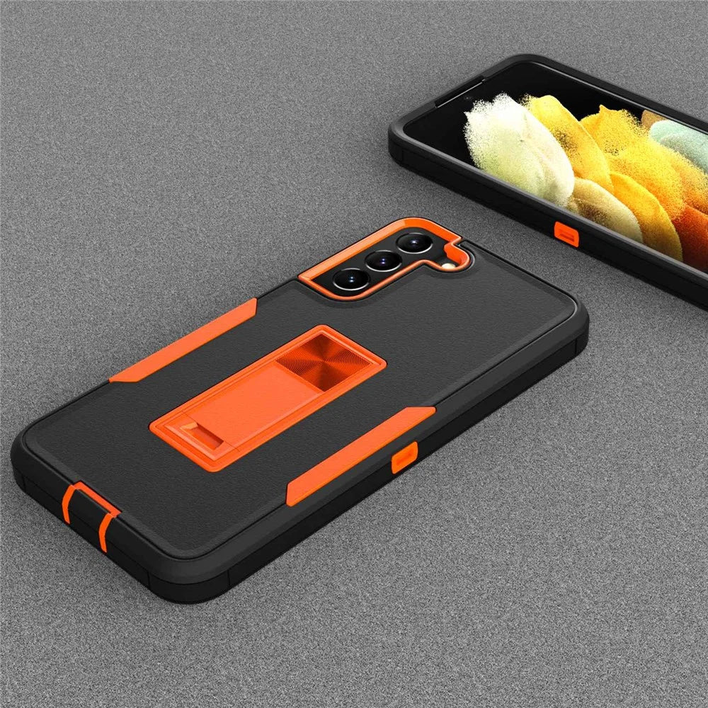 For Samsung Galaxy S22+ 5G Hard PC + Soft TPU Hybrid Phone Cover with Integrated Kickstand Car Mount Metal Sheet Case - Black/Orange - 5