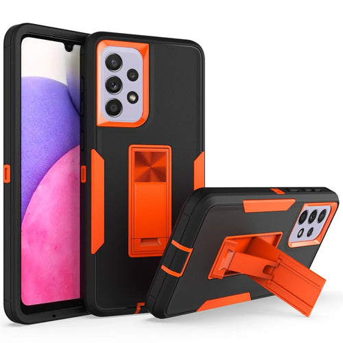 For Samsung Galaxy A33 5G Drop Proof PC + TPU Hybrid Phone Cover with Integrated Kickstand Car Mount Metal Sheet Case - Black/Orange - 1