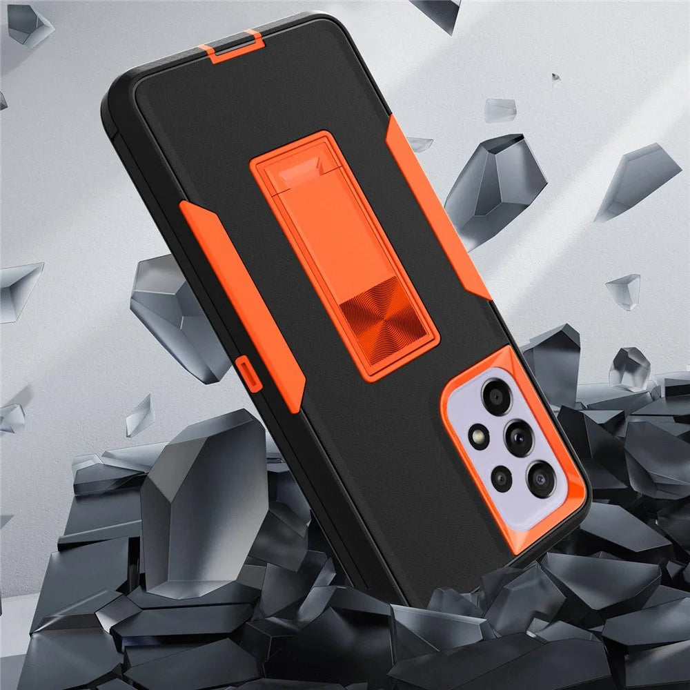 For Samsung Galaxy A33 5G Drop Proof PC + TPU Hybrid Phone Cover with Integrated Kickstand Car Mount Metal Sheet Case - Black/Orange - 3