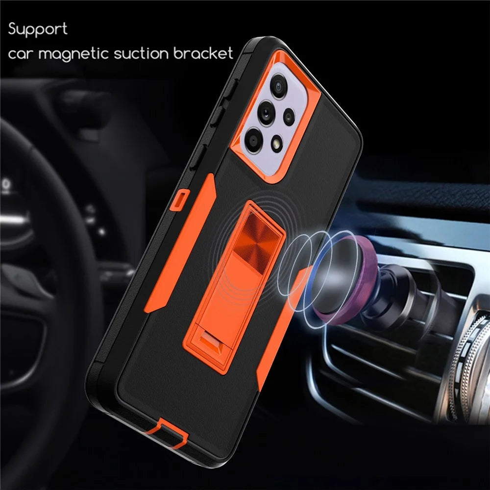 For Samsung Galaxy A33 5G Drop Proof PC + TPU Hybrid Phone Cover with Integrated Kickstand Car Mount Metal Sheet Case - Black/Orange - 4