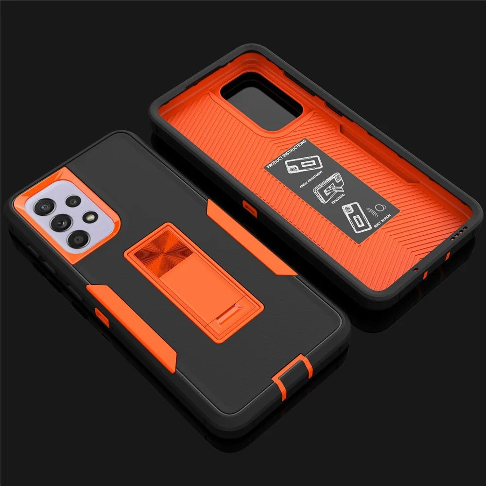 For Samsung Galaxy A33 5G Drop Proof PC + TPU Hybrid Phone Cover with Integrated Kickstand Car Mount Metal Sheet Case - Black/Orange - 5