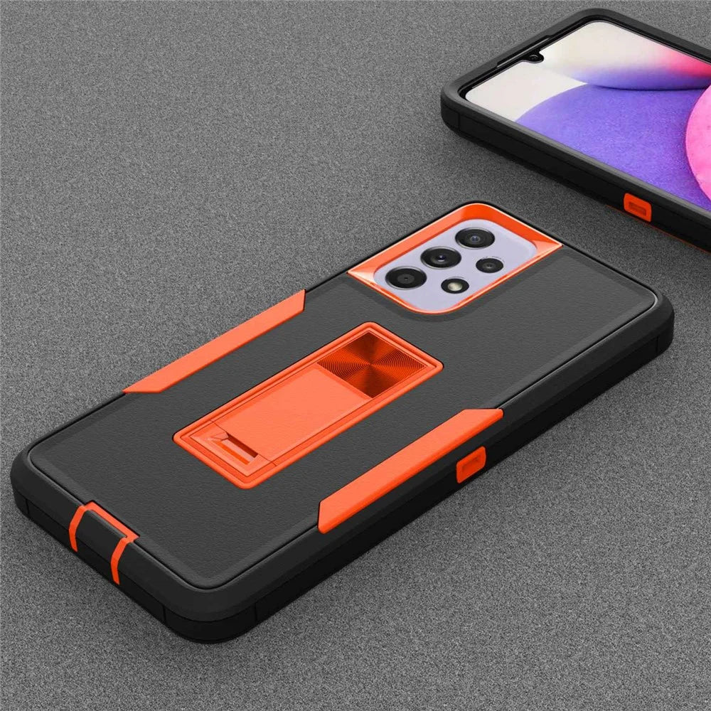 For Samsung Galaxy A33 5G Drop Proof PC + TPU Hybrid Phone Cover with Integrated Kickstand Car Mount Metal Sheet Case - Black/Orange - 6