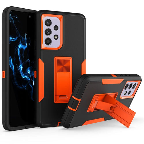For Samsung Galaxy A53 5G Back Shell, Scratch Resistant PC + TPU Hybrid Phone Cover with Integrated Kickstand Car Mount Metal Sheet Case - Black/Orange - 1