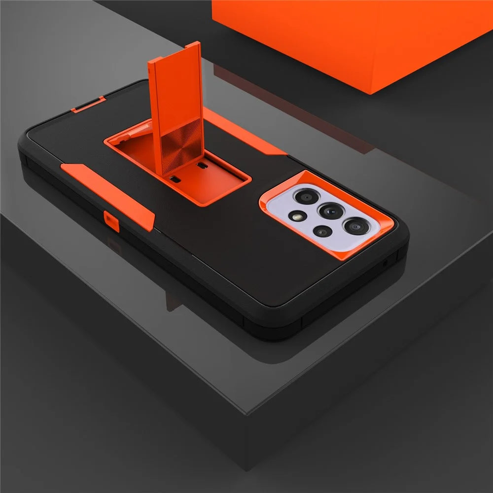 For Samsung Galaxy A53 5G Back Shell, Scratch Resistant PC + TPU Hybrid Phone Cover with Integrated Kickstand Car Mount Metal Sheet Case - Black/Orange - 2
