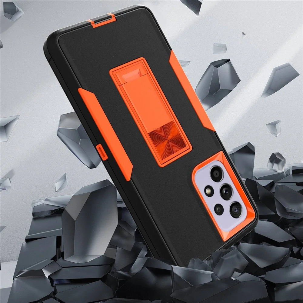 For Samsung Galaxy A53 5G Back Shell, Scratch Resistant PC + TPU Hybrid Phone Cover with Integrated Kickstand Car Mount Metal Sheet Case - Black/Orange - 3
