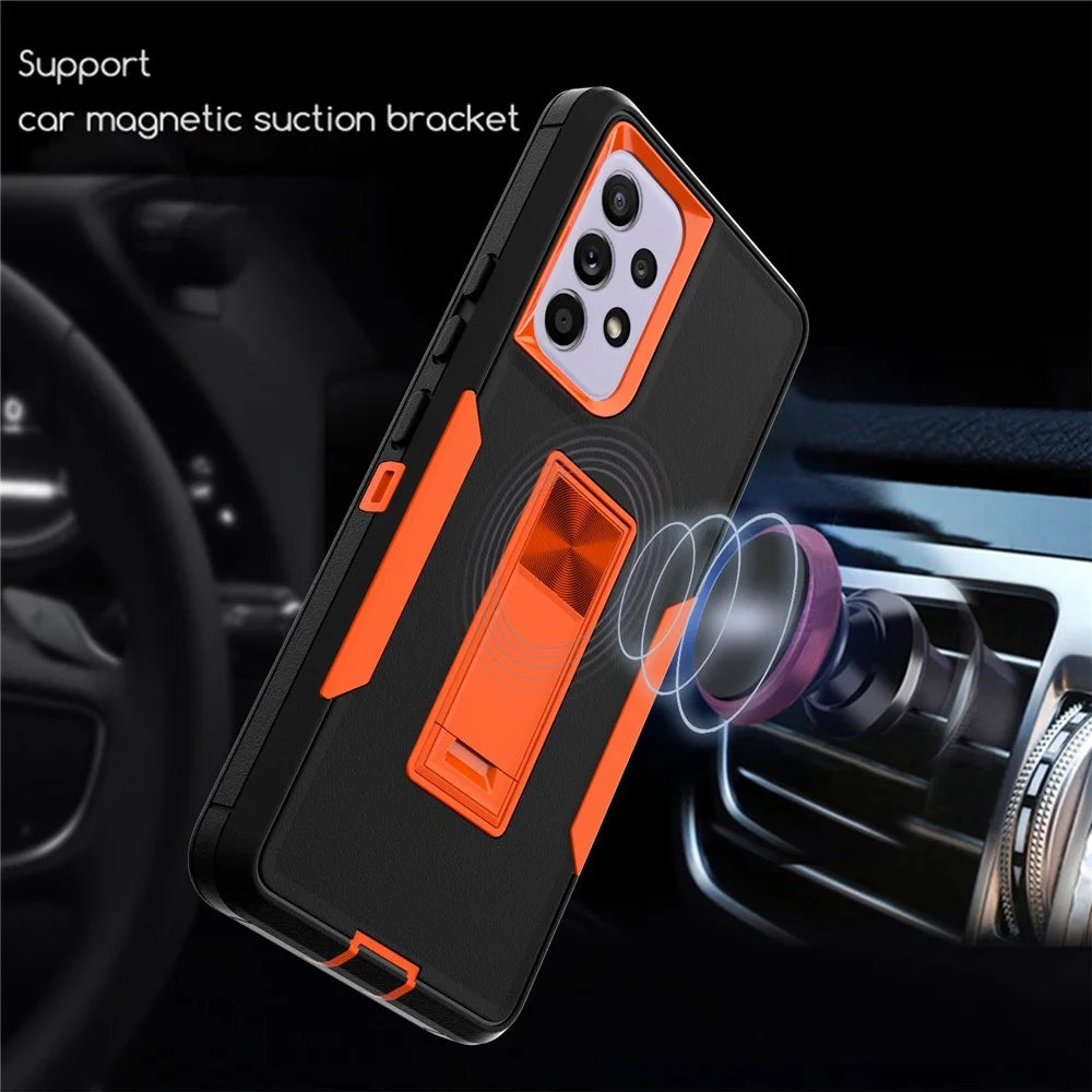 For Samsung Galaxy A53 5G Back Shell, Scratch Resistant PC + TPU Hybrid Phone Cover with Integrated Kickstand Car Mount Metal Sheet Case - Black/Orange - 4
