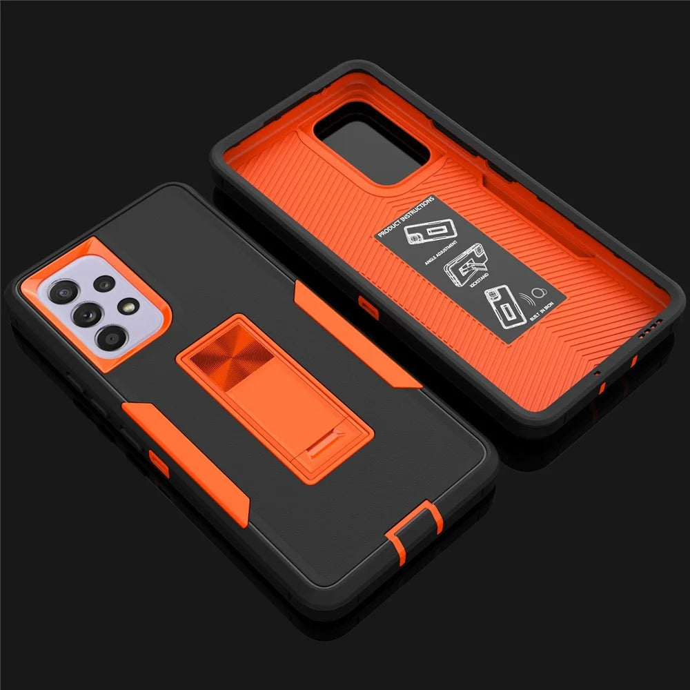 For Samsung Galaxy A53 5G Back Shell, Scratch Resistant PC + TPU Hybrid Phone Cover with Integrated Kickstand Car Mount Metal Sheet Case - Black/Orange - 5