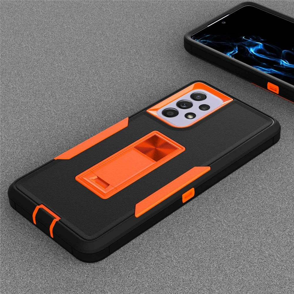 For Samsung Galaxy A53 5G Back Shell, Scratch Resistant PC + TPU Hybrid Phone Cover with Integrated Kickstand Car Mount Metal Sheet Case - Black/Orange - 6