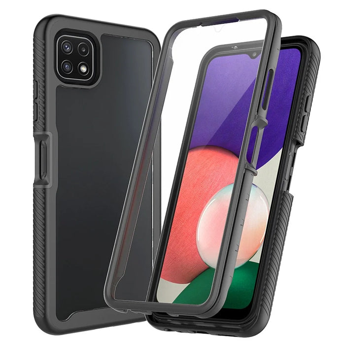 For Samsung Galaxy A22 5G (EU Version) 3-in-1 Full Coverage Phone Case PC + TPU Hybrid Cover with PET Screen Protector - Black - 1