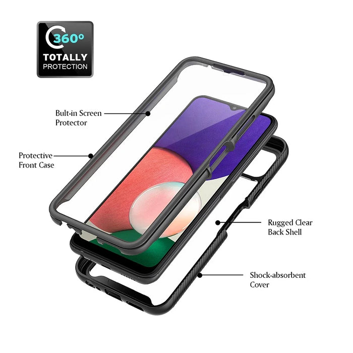 For Samsung Galaxy A22 5G (EU Version) 3-in-1 Full Coverage Phone Case PC + TPU Hybrid Cover with PET Screen Protector - Black - 2