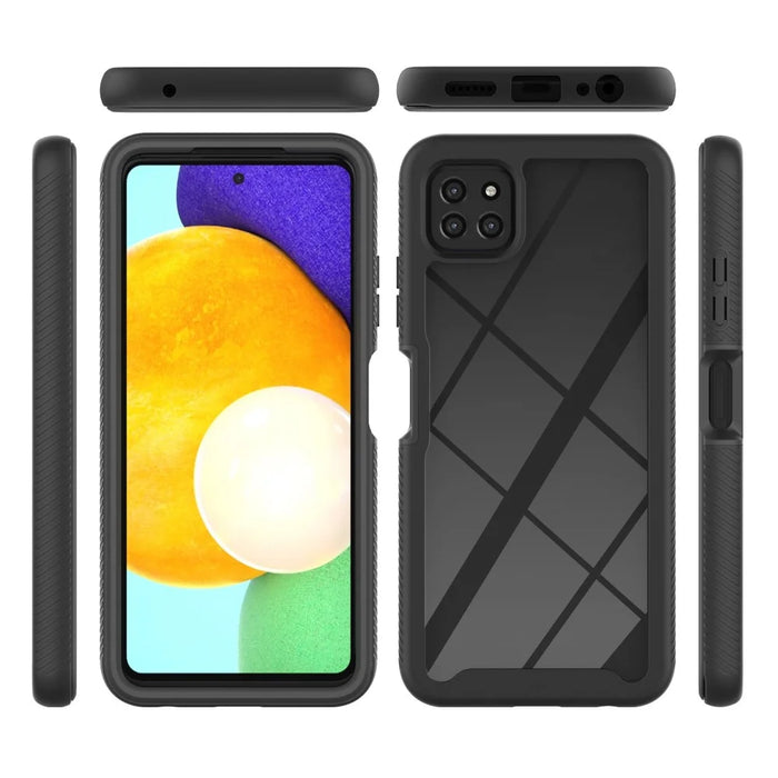 For Samsung Galaxy A22 5G (EU Version) 3-in-1 Full Coverage Phone Case PC + TPU Hybrid Cover with PET Screen Protector - Black - 6