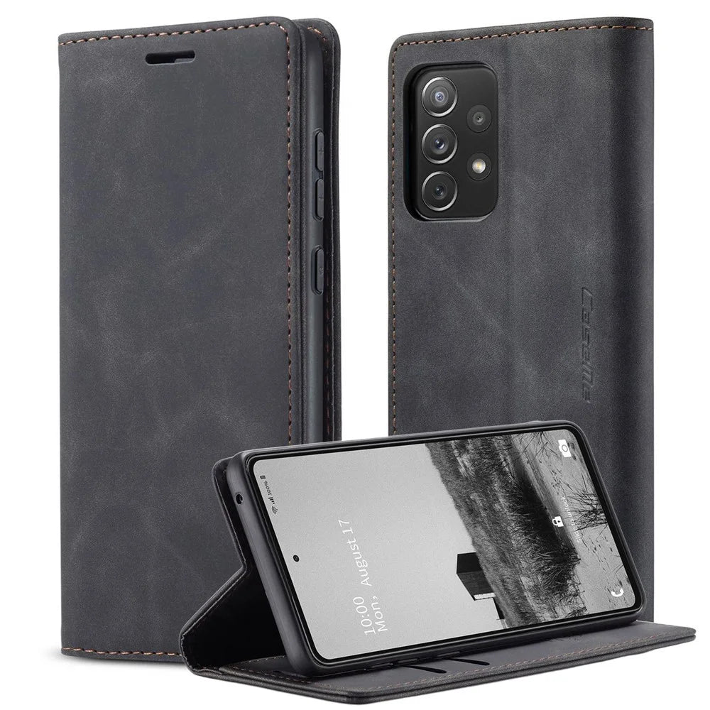 CASEME 013 Series Lightweight Mobile Phone Case Bag for Samsung Galaxy A73 5G, Auto-absorbed PU Leather Wallet Foldable Stand Phone Cover - Black - 1