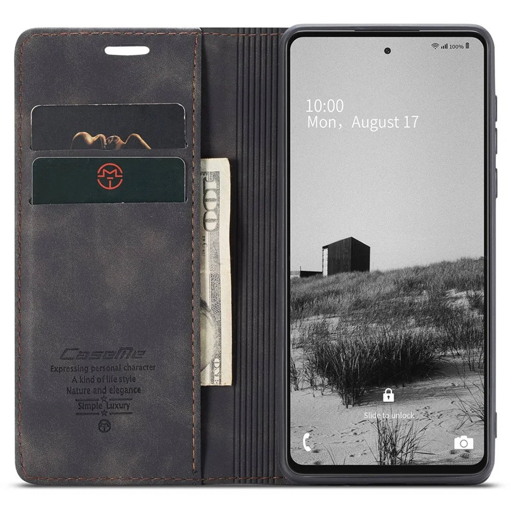 CASEME 013 Series Lightweight Mobile Phone Case Bag for Samsung Galaxy A73 5G, Auto-absorbed PU Leather Wallet Foldable Stand Phone Cover - Black - 2