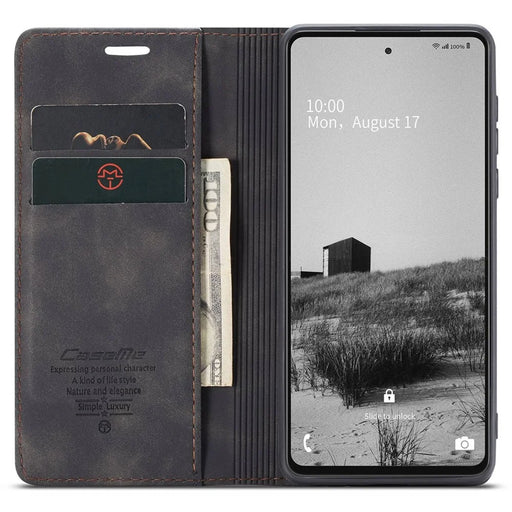 CASEME 013 Series Lightweight Mobile Phone Case Bag for Samsung Galaxy A73 5G, Auto-absorbed PU Leather Wallet Foldable Stand Phone Cover - Black - 2